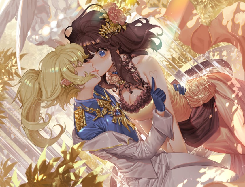 2girls artist_request blonde_hair blue_eyes blush breasts brown_eyes canon_genderswap cleavage colored_eyelashes dress female female_only flower hair_flower hair_ornament heart joenny kissing large_breasts multiple_girls open_mouth ponytail smile tanya_degurechaff uniform viktoriya_ivanovna_serebryakov youjo_senki yuri