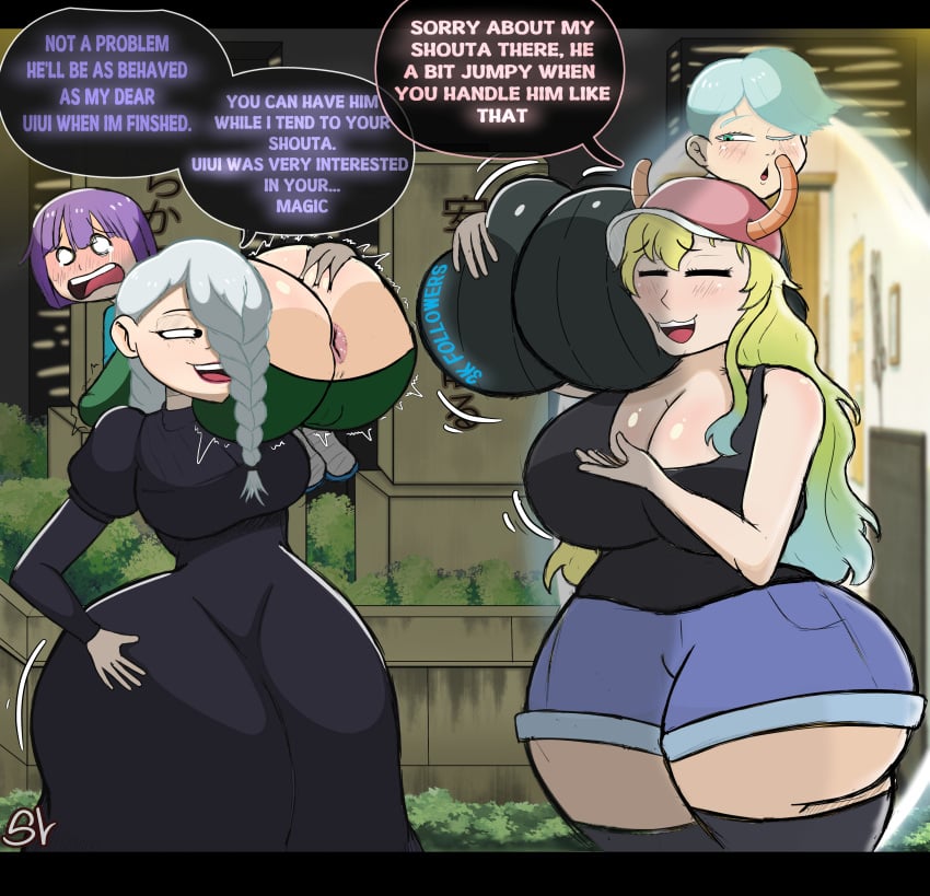 2boys 2girls ass carrying carrying_partner crossover fat_ass groping groping_ass jujutsu_kaisen lucoa lucoa_(maidragon) magatsuchi_shouta mei_mei_(jujutsu_kaisen) miss_kobayashi&#039;s_dragon_maid over_the_shoulder ssleviathann swingers text ui_ui_(jujutsu_kaisen)