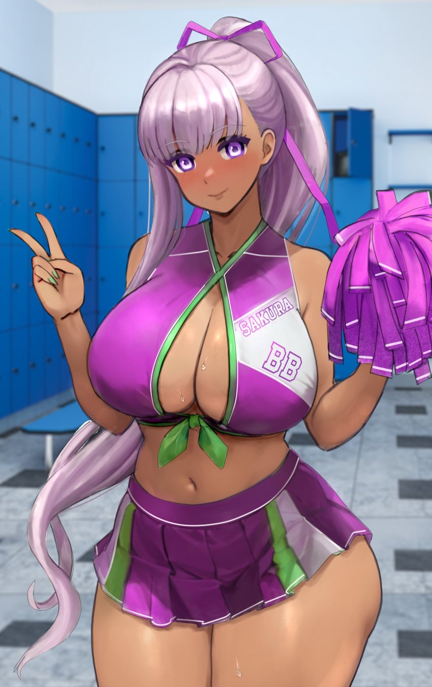 1girls 2024 bare_shoulders bb_(fate) bb_(swimsuit_mooncancer) big_breasts blush blush_lines boob_window breasts_bigger_than_head center_opening cheerleader_costume cheerleader_outfit cheerleader_uniform cleavage clothed clothed_female clothing fate/grand_order fate_(series) female female_only green_nail_polish green_nails long_hair long_ponytail midriff nail_polish navel peace_sign pom_pom_(cheerleading) pom_poms purple_eyes purple_hair purple_hair_ribbon purple_pom_poms purple_skirt raskasar skirt solo solo_female sweat sweatdrop tan-skinned_female tan_body tan_skin tanned tanned-skinned_female tanned_female tanned_skin thick_thighs voluptuous voluptuous_female wide_hips