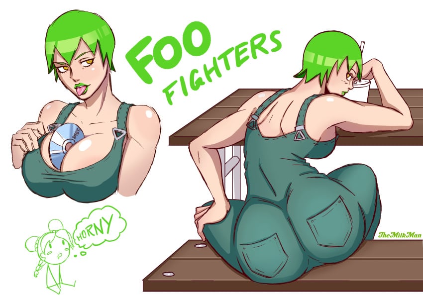 ass bare_shoulders big_ass busty cleavage female female_focus female_only filthyhamonuser foo_fighters green_hair green_lipstick jojo&#039;s_bizarre_adventure jolyne_kujo large_breasts milkman_art short_hair stone_ocean themilkman tongue_out