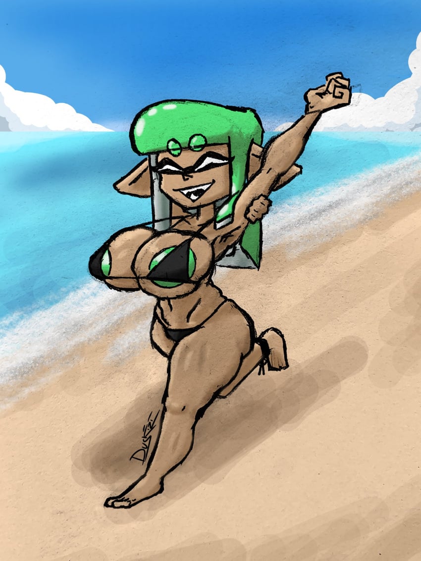 alys_(krakenfever) areola_slip areolae areolae_peeking beach big_breasts big_nipples bikini bikini_bottom bikini_top duskizi female_only huge_breasts inkling inkling_girl krakenfever nintendo original original_character running solo solo_female splatoon