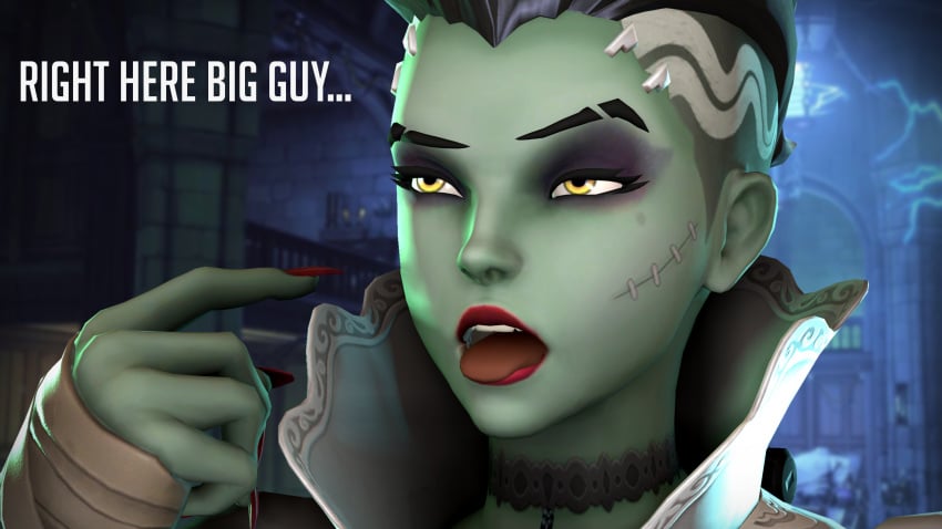 3d bride_of_frankenstein bride_sombra caption comic comicpornnation female green_skin halloween overwatch pointing sombra source_filmmaker wedding_dress zombie