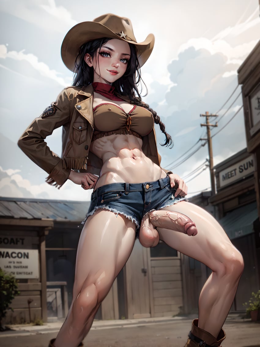 1futa abs ai_generated athletic athletic_futanari balls black_hair braid cock cowboy_hat cowgirl denim denim_shorts dickgirl futa_only futanari grey_eyes jacket looking_at_viewer medium_breasts midriff navel penis red_scarf short_shorts shorts solo solo_futa stable_diffusion testicles veritai