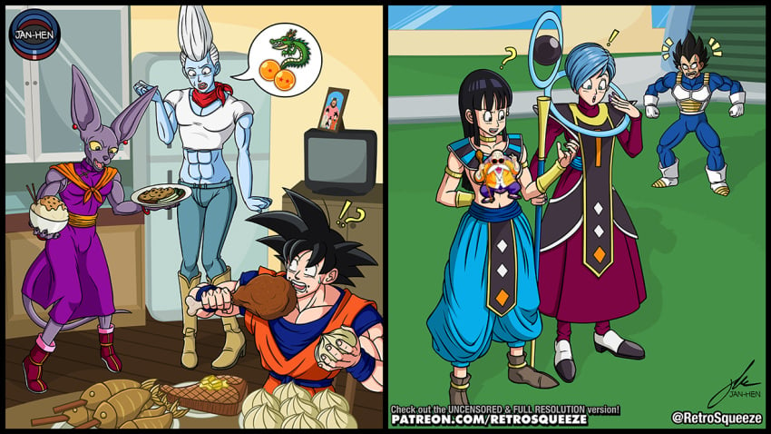 abs baggy_pants beerus body_swap bodyswap bulma_briefs bulma_briefs capsule_corp censored chi-chi_(dragon_ball) clothes_swap clothes_swapped clothing_swap crossdressing crossdressing crt dragon_ball_super dragon_balls eating food gender_transformation genderswap_(ftm) genderswap_(mtf) goku jan-hen kitchen muscular_male outfit_swap retrosqueeze rule_63 rule_63 scarf shenron television transformation_through_magic vegeta whis