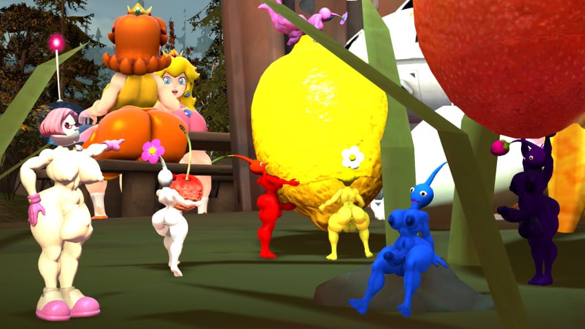 3d balls brittany_(pikmin) bulge cherry forest_background futa_only futanari hyper_penis lemon mario_(series) nintendo penis penis_in_food pikmin pikmin_(species) princess_daisy princess_peach sitting_on_rock spaceship spaghettis_(artist) strawberry