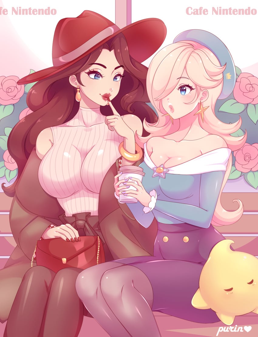 2girls bench black_skirt blonde_hair blue_eyes blue_shirt bracelet breasts brooch brown_coat brown_hair coat cup donkey_kong_(series) earrings flowers hair_over_one_eye handbag hat high-waist_skirt holding_cup large_breasts long_hair luma mario_(series) nintendo off_shoulder open_coat painted_fingernails pantyhose pauline princess_rosalina purinmallow roses shirt sitting_on_bench skirt sleveeless_shirt star_earrings white_shirt