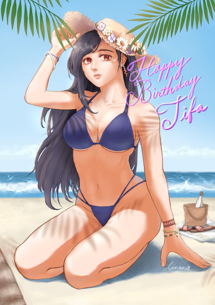 1girls beach bikini black_hair blue_bikini blue_swimsuit bracelet breasts bucket clouds earrings final_fantasy final_fantasy_vii hat kneeling large_breasts linono long_hair looking_at_viewer midriff navel ocean outside palm_trees red_eyes sandals sky sun_hat swimsuit tifa_lockhart water