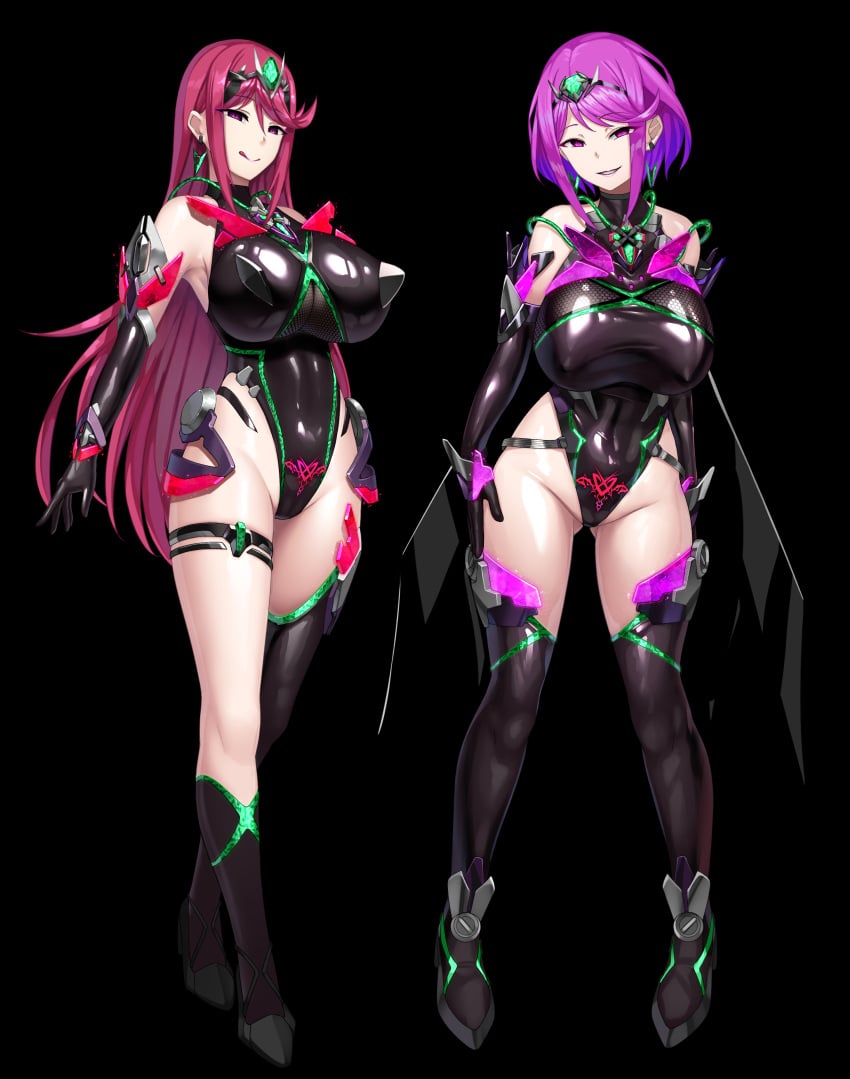 2girls black_leotard breasts core_crystal corruption earrings elbow_gloves gloves high_heel_boots high_heels highleg highleg_leotard hypnosis large_breasts leotard long_hair looking_at_viewer mind_control miyashiro_ryuutarou mythra nintendo pubic_tattoo purple_eyes purple_hair pyra red_hair short_hair thigh_strap thighhighs tiara xenoblade_(series) xenoblade_chronicles_2