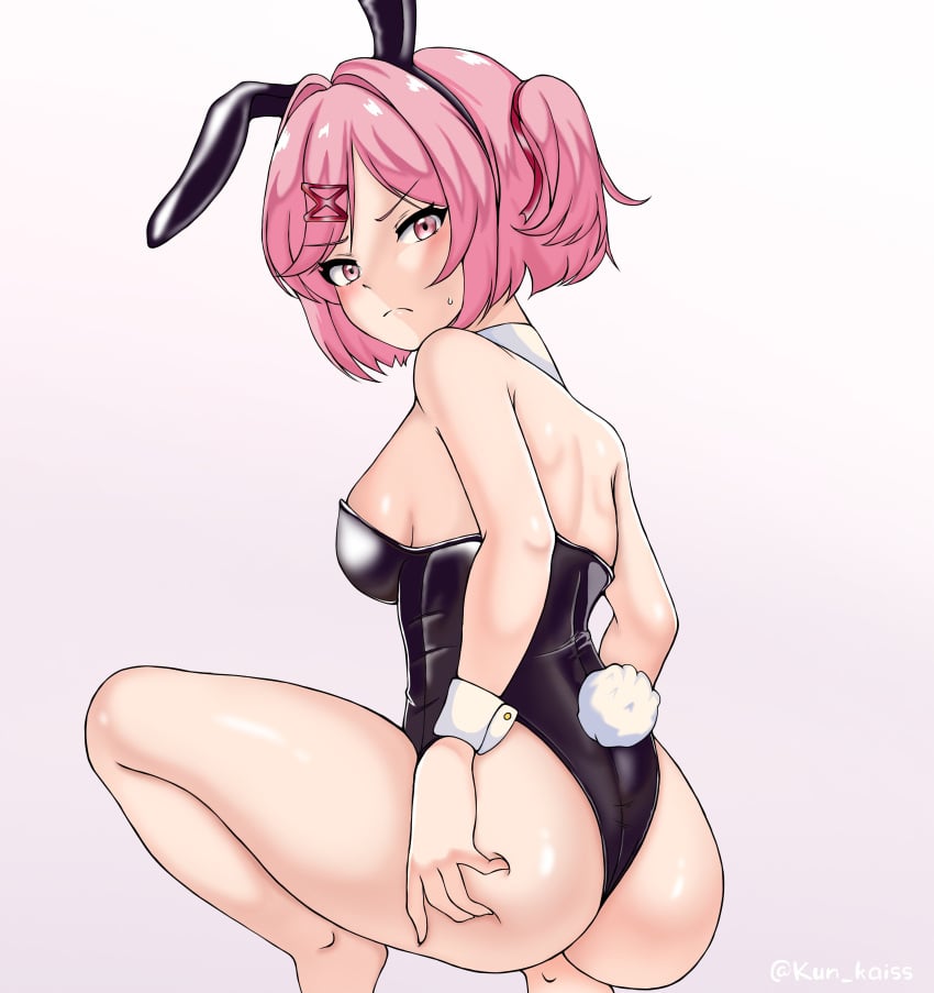 1girls angry_face anime bunny_ears bunnysuit doki_doki_literature_club female kun_kaiss natsuki_(doki_doki_literature_club) perfect_body pink_eyes pink_hair white_background