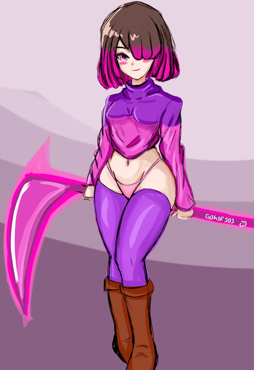 ass bete_noire big_ass big_legs breasts brown_hair camila_cuevas female female_only girl gohsf503 harem_outfit legs panties pink_eyes pink_hair pixiv tagme_(artist) thighs tshirt undertale undertale_(series) undertale_au undertale_fanfiction younger_female