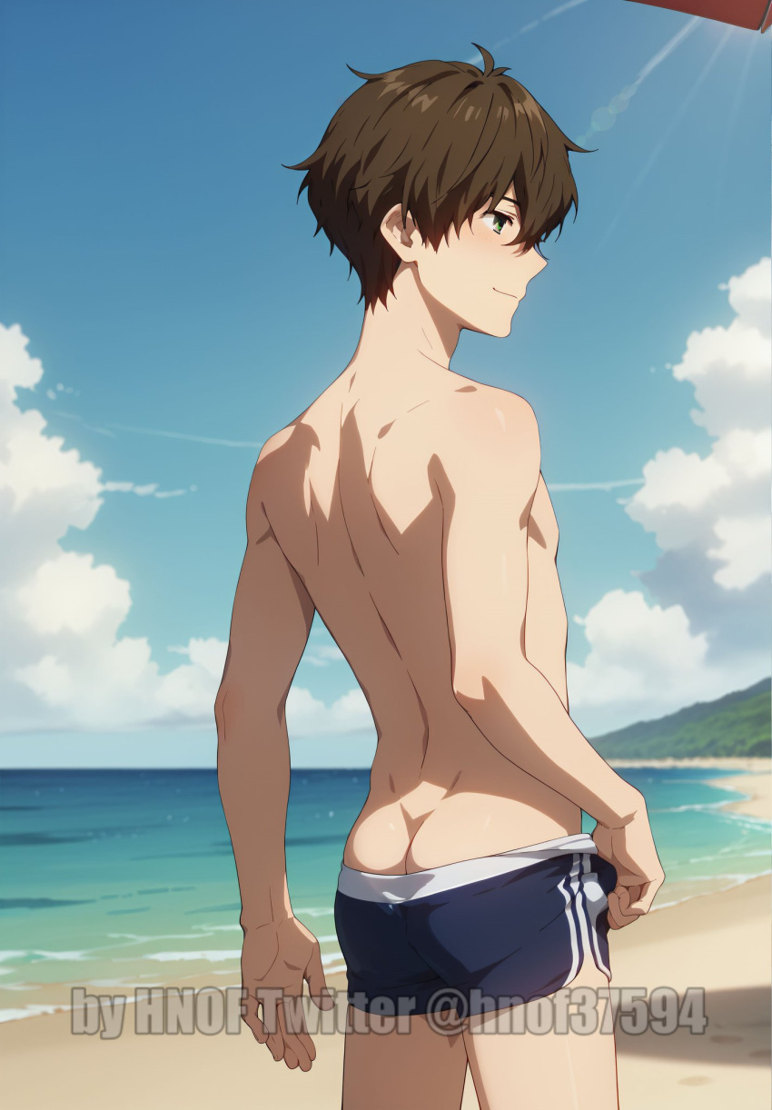 1boy ai_generated ass_cleavage beach hnof hyouka male male_only no_sex oreki_houtarou slim_body small_shorts smiling solo_male standing swimwear tagme topless topless_male