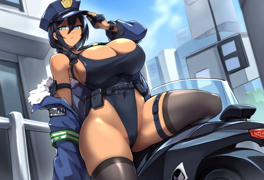 ai_generated bike breasts cameltoe city dark-skinned_female dark_skin emotionless emotionless_female female huge_breasts indifference indifferent leotard looking_at_viewer motorcycle mullon novelai original police police_officer police_uniform policewoman sitting spread_legs thighhighs tomboy unamused unenthusiastic