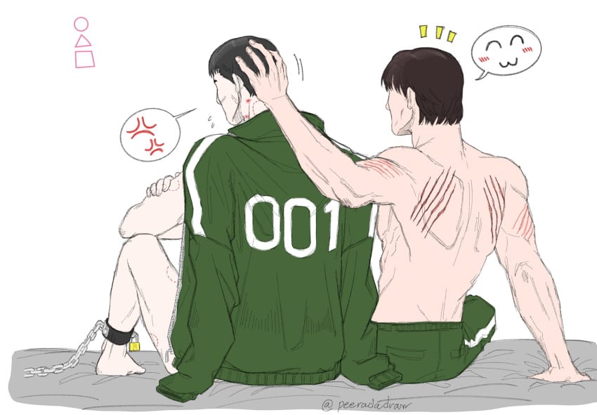 after_sex chained chained_ankles chained_to_bed chains hickey hwang_in-ho jacket jacket_on_shoulders scratch_marks scratches seong_gi-hun squid_game tagme yaoi