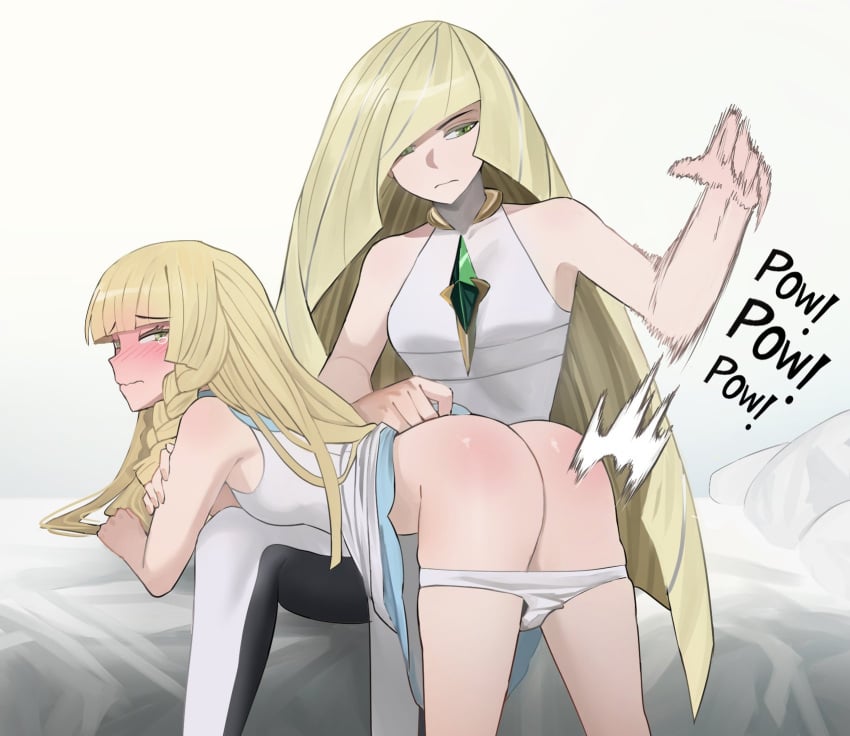 2girls ass bed bed_sheet blonde_hair braid disappointed dress embarrassed english_text expressionless jourd4n lillie_(pokemon) looking_at_another looking_to_the_side lusamine_(pokemon) mother_and_daughter multiple_girls panties_around_leg pants pokemon pokemon_sm power_lines red_ass simple_background slapping spanking very_long_hair yuri