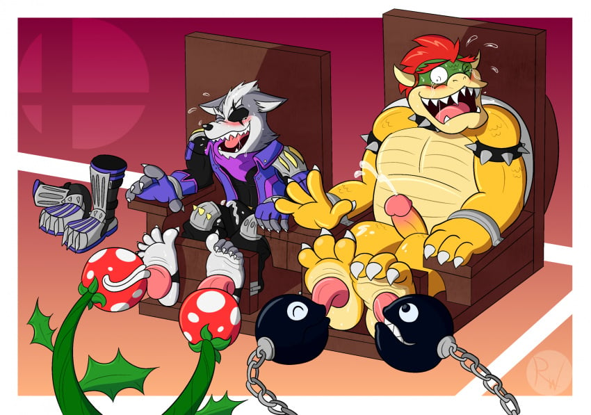 barefoot bodily_fluids bowser canid canine canis chain_chomp crossover crying_laughing cum ejaculation elemental_creature feet flora_fauna foot_fetish foot_lick foot_play genital_fluids genitals hi_res koopa laugh licking male mammal mario_(series) nintendo open_mouth penis piranha_plant plant restraints ricowolfdog scalie shoes_removed soles star_fox stocks tears tickle_torture tickling toes tongue wolf wolf_o&#039;donnell
