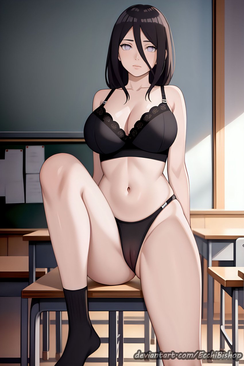 1girls ai_generated arm_support bare_chest bare_midriff bare_shoulders big_breasts boruto:_naruto_next_generations bra breasts brown_hair classroom cleavage collarbone desk deviantart_username ecchibishop female female_only front_view huge_breasts hyuuga_hanabi legwear light-skinned_female light_skin lingerie lingerie_bra lingerie_panties looking_at_viewer midriff naruto naruto_(series) naughty naughty_face naughty_smile on_back on_bed oppai panties sagging_breasts see-through see-through_panties sitting smile socks solo solo_focus spread_legs stable_diffusion thighs underwear underwear_only upper_body url very_long_hair viewed_from_below violet_eyes watermark web_address white_skin