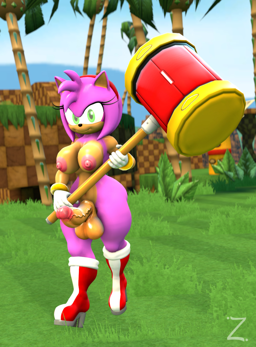 1futa 3d amy_rose anthro balls boots breasts dickgirl erect female footwear futanari gloves handwear intersex legs mostly_nude penis piko-piko_hammer piko_piko_hammer sega solo_futa sonic_(series) zeniix98