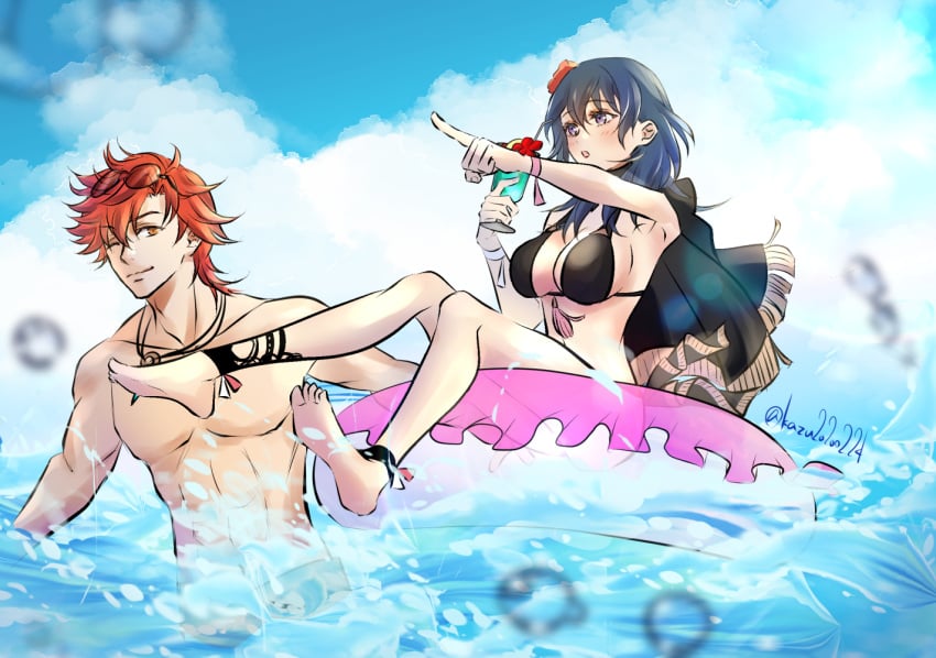 1boy 1girls ;) alternate_costume armpits bare_arms bare_legs bikini black_bikini black_swimsuit blue_eyes breasts byleth_(fire_emblem) byleth_(fire_emblem)_(female) byleth_(summer)_(fire_emblem)_(female) capelet cleavage drink female fire_emblem fire_emblem:_three_houses fire_emblem_heroes glass innertube kazu20200224 large_breasts legs male muscular_male nintendo ocean official_alternate_costume one_eye_closed open_mouth orange_eyes orange_hair outdoors pointing short_hair sideboob swimsuit sylvain_jose_gautier sylvain_jose_gautier_(summer) teal_hair wink