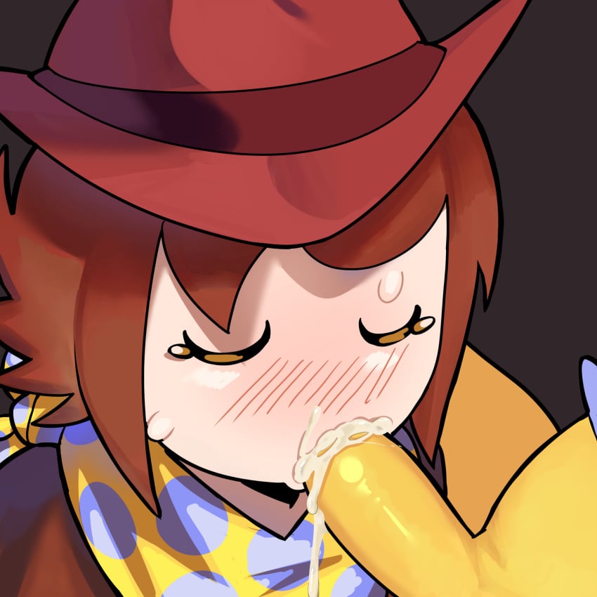 2boys bandana blush_lines closed_eyes clover_(undertale_yellow) cowboy cowboy_hat cum cum_drip cum_in_mouth fellatio femboy frisk frisk_(undertale) gay male male/male male_only pale_skin tagme undertale undertale_(series) undertale_yellow yellow_skin