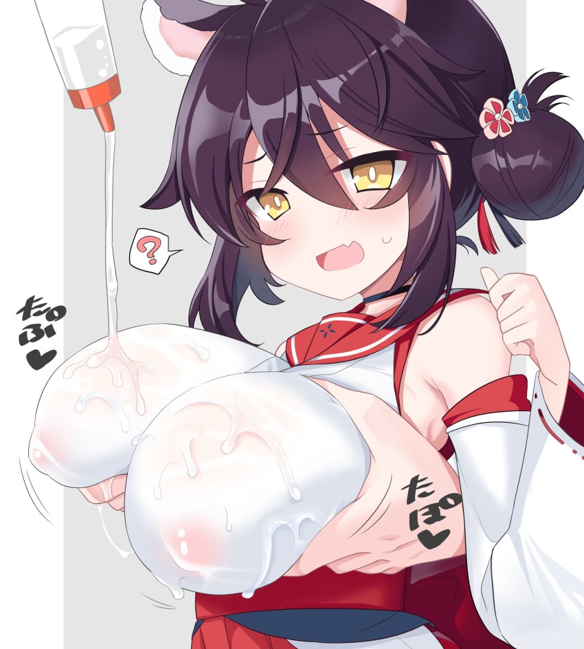 1boy ? animal_ears blue_archive blush bottle breasts breasts_squeezed_together clueless covered_nipples detached_sleeves female grabbing grabbing_another's_breast grabbing_from_behind groping hair_between_eyes hair_bun hair_ornament halo highres japanese_clothes kaede_(blue_archive) kimono large_breasts looking_at_viewer lotion lotion_bottle nipples oerba_yun_fang open_mouth oppai_loli red_sailor_collar sailor_collar see-through short_hair simple_background single_side_bun skin_fang sleeveless sleeveless_kimono solo_focus straight sweatdrop tatsuya_(trypaint) upper_body wet wide_sleeves