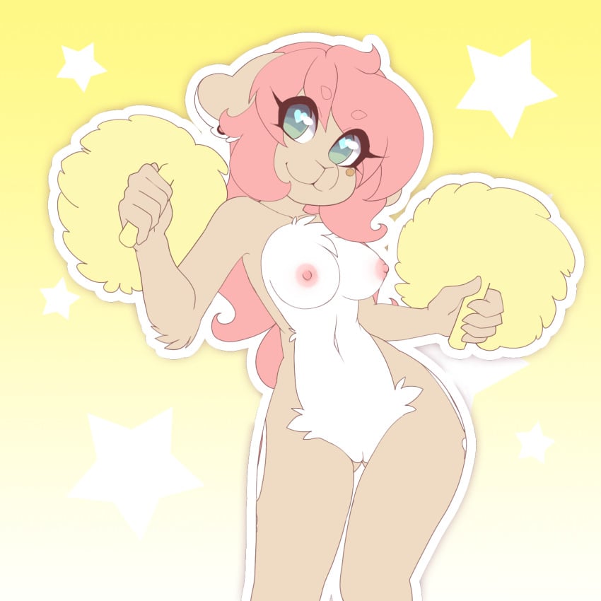 <3_eyes 2018 :3 aime_(oc) animated anthro breasts caprine casual_nudity female fur furry furry_only hair heart hi_res holding_object long_hair looking_at_viewer mammal navel nipples nude pink_hair pom_poms pussy sheep short_playtime solo tolsticot