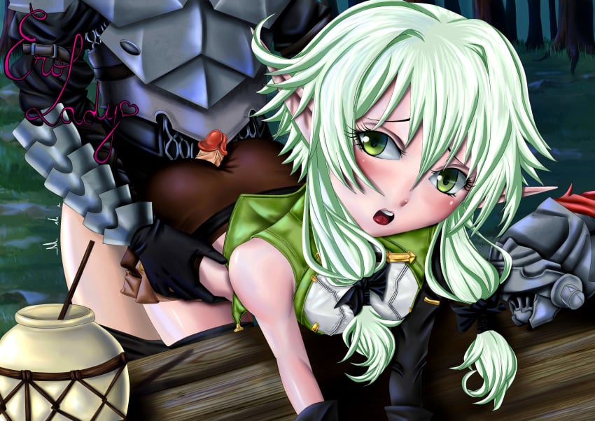 1boy 1girls armor ass assjob bangs barrel big_penis black_gloves blush brown_shorts buttjob clothed dat_ass elf erolady female forest gloves goblin_slayer goblin_slayer_(goblin_slayer) green_eyes green_hair green_shirt hairbow helmet high_elf high_elf_archer_(goblin_slayer) long_ears long_hair male male_human/female_elf night open_mouth partial_male penis pointy_ears short_shorts shorts small_breasts table tied_hair wood woods