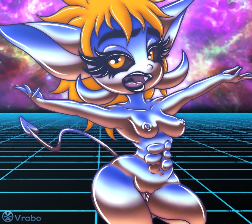 2018 abs amber_eyes black_sclera breasts fangs female humanoid imp iqua_kicks muscular neon_grid shortstack solo standing synthwave vaporwave vrabo yellow_eyes