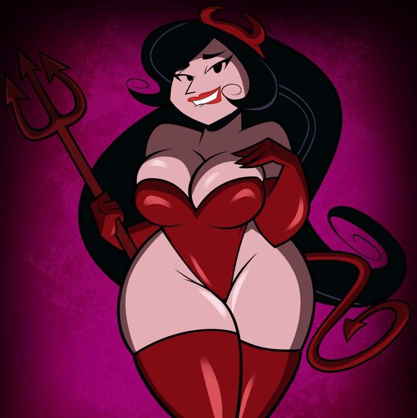 1girls bare_shoulders big_breasts biting_lip black_eyes black_hair busty cartoon_network cleavage cosplay curvy detailed_background devil fake_horns fake_tail female female_only front_view grimphantom halloween holding_object hourglass_figure human johnny_bravo_(series) leotard lipstick madame_voila makeup red_lipstick shiny shiny_skin standing thick_thighs thong voluptuous wide_hips