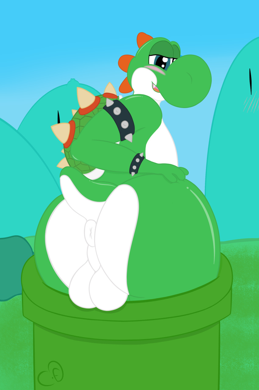 1boy absurd_res anus ass balls blush cogsfixmore fan_character fangs green_yoshi hi_res hybrid koopa looking_back male male_only mario_(series) nintendo outdoors reptile scalie solo super_mario_bros. testicles video_games warp_pipe yoshi