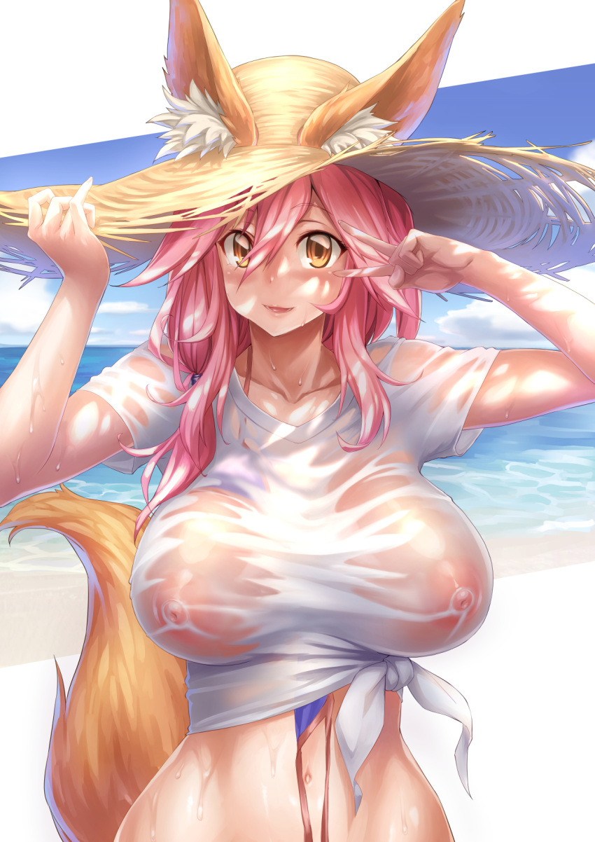 1girls animal_ears arms_up bai_linqin bangs beach blush breasts brown_eyes collarbone commentary_request covered_nipples day ears_through_headwear eyebrows_visible_through_hair fate/grand_order fate_(series) female hand_on_headwear hat highres large_breasts long_hair looking_at_viewer navel ocean outdoors parted_lips pink_hair shirt short_sleeves smile solo straw_hat sun_hat t-shirt tamamo_no_mae_(fate) upper_body v-neck wavy_hair wet wet_clothes wet_shirt white_shirt