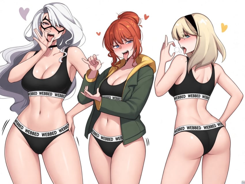2026 3girls aka_mochi_chan ass big_ass big_breasts black_cat_(marvel) blonde_hair blue_eyes breasts cleavage edit felicia_hardy fellatio_gesture female female_only fingering_gesture gwen_stacy high_resolution highres jean_grey large_ass large_breasts long_hair marvel marvel_cinematic_universe multiple_girls partially_clothed prostate_massage_gesture red_hair sadie_sink spider-gwen spider-man:_brand_new_day spider-man_(series) white_hair
