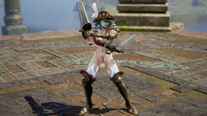 1futa 3d blue_eyes blue_hair dickgirl dual_swords futa_only futanari intersex pirate solo soul_calibur uncensored weapon