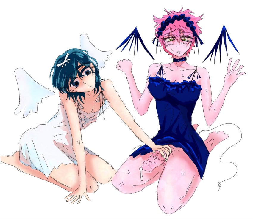 1futa 1girls alien_stage black_dress black_hair black_wings blue_eyes bumpy_penis dress futanari hand_on_another's_penis hand_on_penis mizi_(alien_stage) penis pink_hair short_hair sitting sua_(alien_stage) white_dress white_wings yellow_eyes