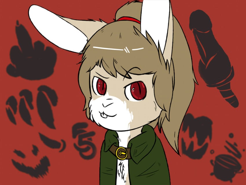 alcatron_ekiel animated brown_fur claws cloak clothing demon fivefive_levfurdam fur head_shot karmabutt lagomorph mammal no_breasts ponytail rabbit red_background red_eyes simple_background the_mansion_(ncc)