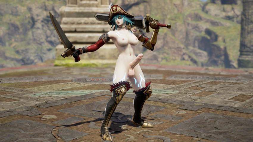 1futa 3d blue_eyes blue_hair dickgirl dual_swords futa_only futanari intersex pirate solo soul_calibur uncensored weapon