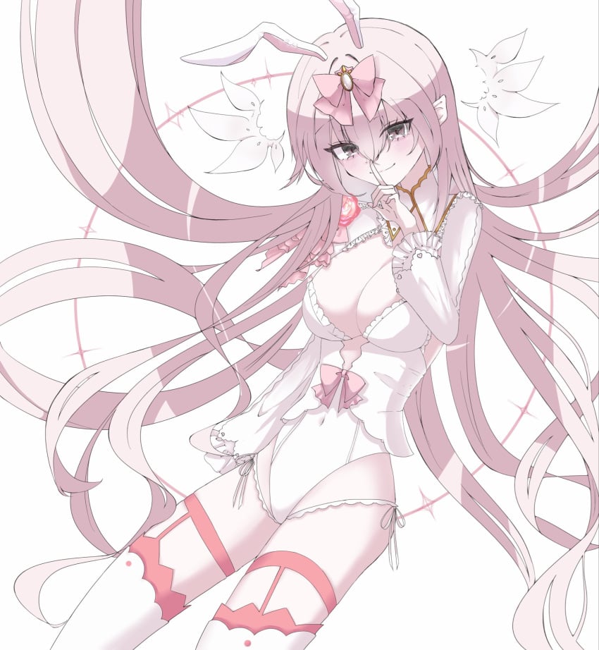 1girl alternate_costume animal_ears arcaea breasts cleavage commentary covered_navel detached_collar detached_sleeves flower frilled_sleeves frills garter_belt gloves high_heels highres hikari_(arcaea) hikari_(fatalis)_(arcaea) large_breasts leotard long_hair looking_at_viewer pink_flower rabbit_ears red_eyes simple_background solo thighhighs very_long_hair white_background white_gloves white_thighhighs wide_sleeves