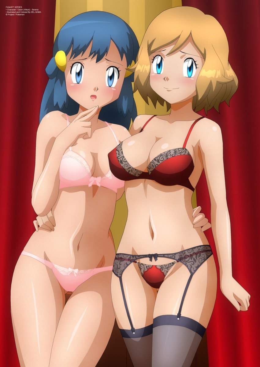 2girls alternate_breast_size alternate_outfit big_breasts blonde_hair blue_eyes blue_hair bra breasts cleavage dawn_(pokemon) female garter_belt hourglass_figure human human_only large_breasts lingerie long_hair looking_at_viewer medium_breasts midriff nintendo offscreen_character panties pink_bra pink_panties pokemon pokemon_dppt pokemon_xy red_bra red_panties serena_(pokemon) short_hair text thigh_gap thighhighs watermark wide_hips zel-sama