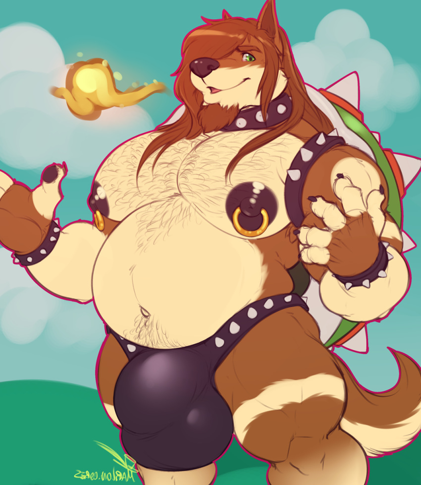 2019 anthro bara big_bulge body_hair bowser_(cosplay) bulge canid canine character_request chest_hair clothing collar cosplay facial_hair goatee hi_res looking_at_viewer male male_only mammal mario_(series) marlon.cores musclegut muscular muscular_male nintendo nipple_piercing nipples original original_character pecs piercing smile solo standing underwear video_games