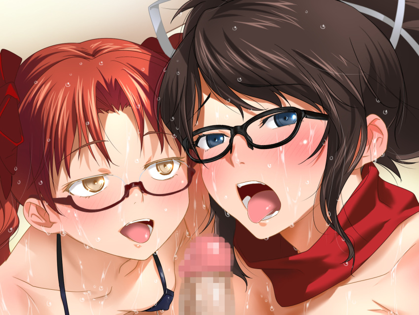 2girls asuka_(senran_kagura) asuka_(senran_kagura)_(cosplay) bikini black-framed_eyewear black_hair blue_eyes blush breasts censored clownculture cosplay embarrassed erect_nipples glasses high_ponytail highres imminent_fellatio looking_at_viewer mosaic_censoring multiple_girls open_mouth original penis ponytail pov red-framed_eyewear red_hair red_scarf scarf semi-rimless_eyewear senran_kagura shirai_kuroko shirai_kuroko_(cosplay) small_breasts swimsuit teamwork tied_hair to_aru_kagaku_no_railgun to_aru_majutsu_no_index tongue twintails wet yellow_eyes