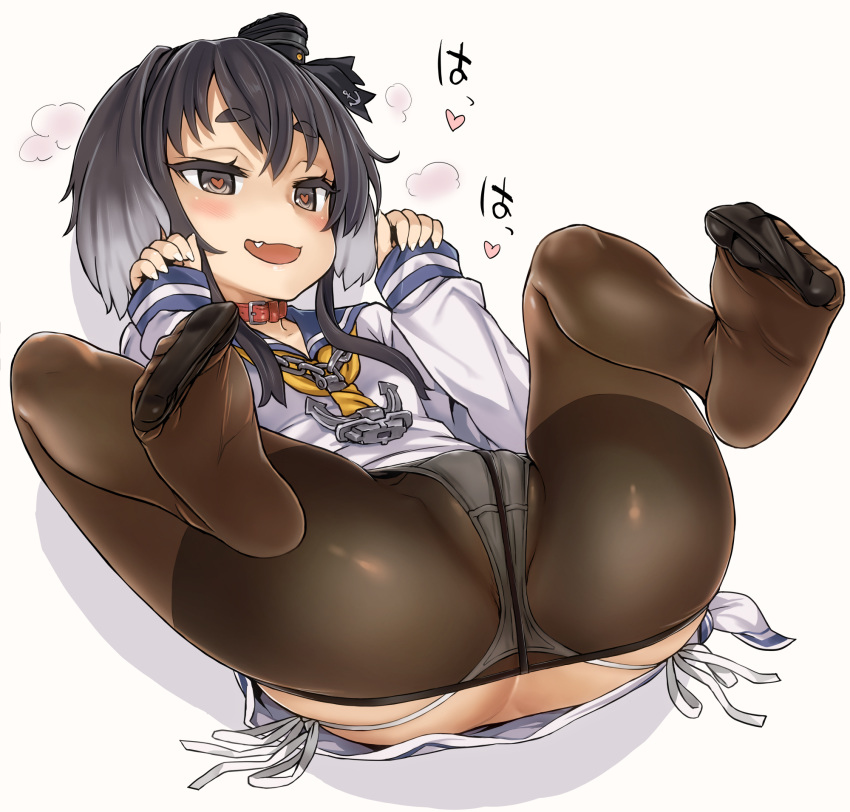 1girls asanagi ass black_hair black_legwear blush collar crotch_seam dress enty_reward eyebrows feet hat heart heart-shaped_pupils heavy_breathing highres kantai_collection lying mini_hat no_shoes oerba_yun_fang on_back open_mouth paid_reward panties panties_under_pantyhose pantyhose partially_visible_anus partially_visible_vulva presenting red_collar sailor_dress short_hair short_hair_with_long_locks side-tie_panties sidelocks simple_background sleeves_past_wrists smile soles solo spread_legs string_panties symbol-shaped_pupils thick_eyebrows thighband_pantyhose toe_scrunch toes tokitsukaze_(kantai_collection) underwear white_background