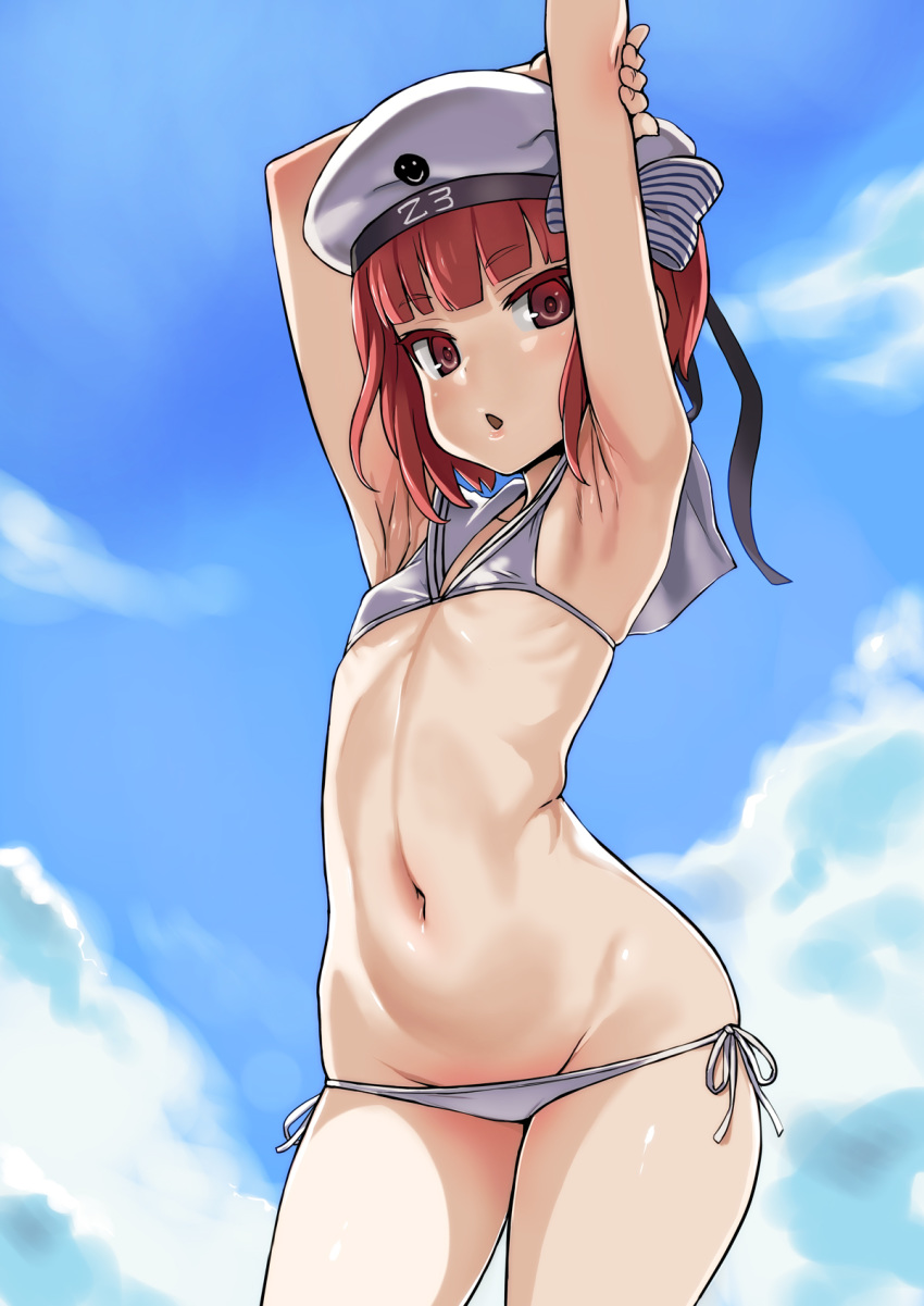 armpits arms_up asanagi bangs belly beret bikini blue_sky blunt_bangs bow brown_eyes brown_hair character_name clothes_writing cloud contrapposto cowboy_shot day eyebrows_visible_through_hair female female_only flat_chest groin hairbow hat highres kantai_collection looking_at_viewer lowleg lowleg_bikini navel open_mouth outdoors sailor_bikini sailor_collar short_hair side-tie_bikini sky smiley_face solo striped striped_bow swimsuit thighs white_bikini white_hat z3_max_schultz_(kantai_collection)