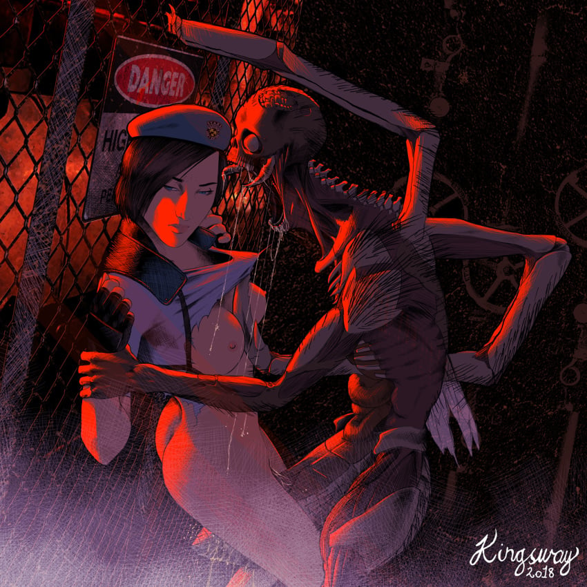 1boy 1girls 1monster 2015 ass beret biohazard blue_eyes breasts brown_hair capcom chimera clothing disinterested drain_deimos emotionless exposed_breasts expressionless female forced imminent_rape imminent_sex interspecies jill_valentine jill_valentine_(julia_voth) kingsway monster open_mouth rape resident_evil resident_evil_3 resident_evil_remake restrained shirt shirt_lift short_hair spread_legs torn_clothes wrist_grab