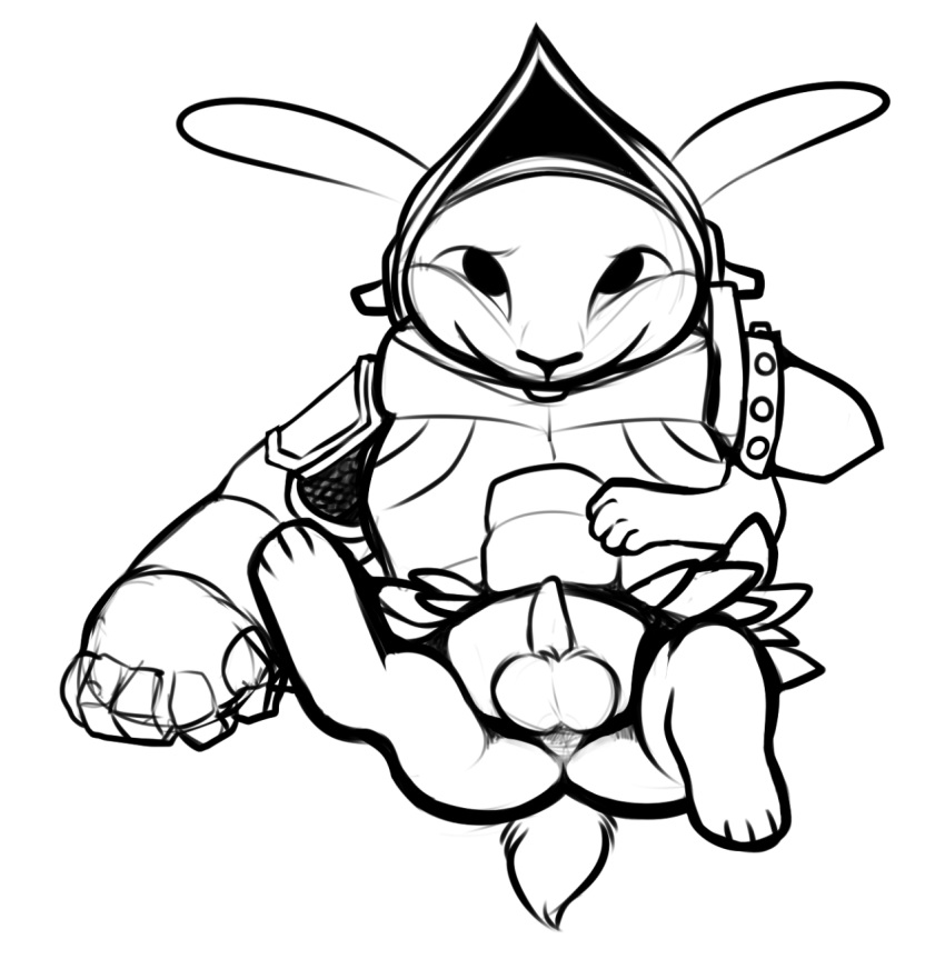 2016 4_toes anthro armello armor balls barefoot barnaby_(armello) bottomless clothed clothing erection gauntlets gloves helmet hi_res high-angle_view lagomorph line_art looking_at_viewer lying male male_only mammal monochrome on_back penis rabbit samuriolu simple_background smile solo spread_legs spreading toes