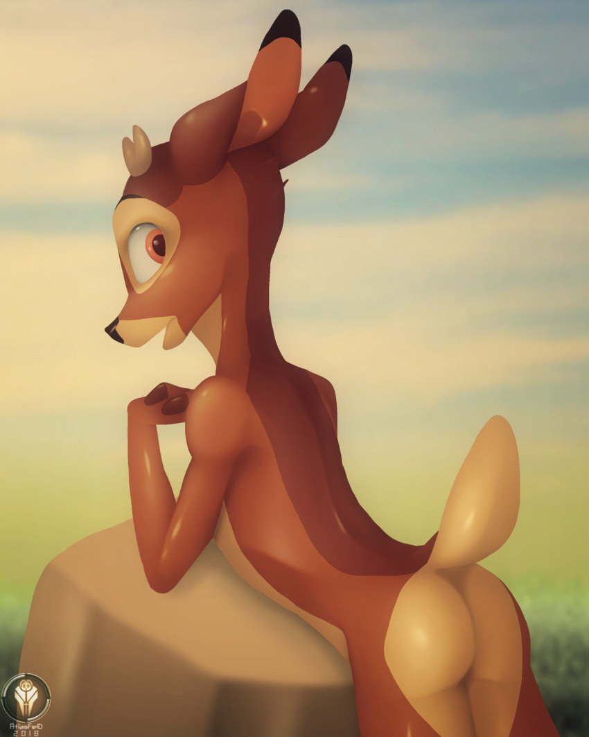 anthro atlasfield bambi_(character) bambi_(film) cub deer disney green_eyes horns looking_back male male_only presenting solo