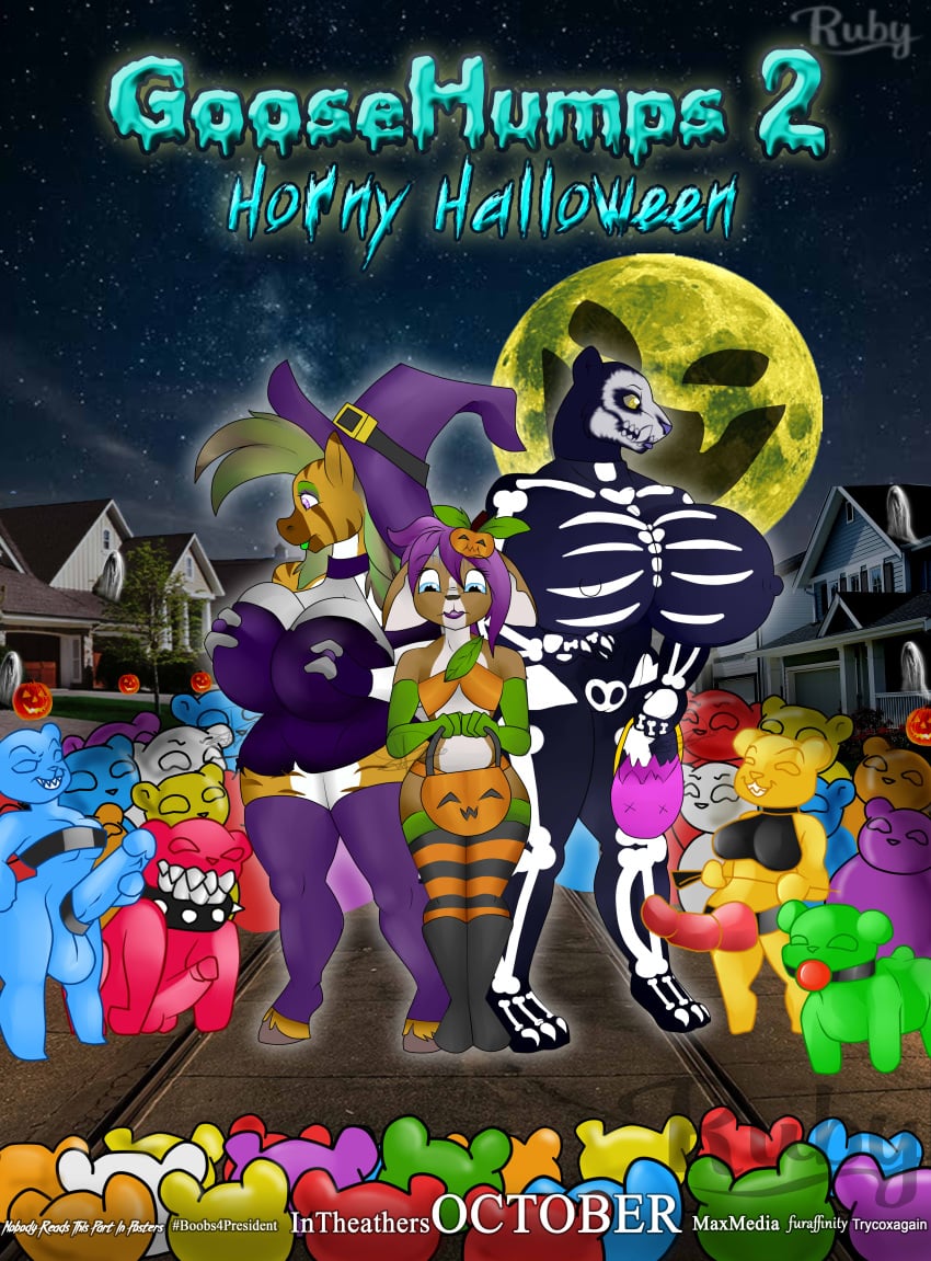 2018 anthro ball_gag bear black_hair blue_eyes bone breasts candy clothed clothing costume dickgirl dildo ember_black english_text equine erection feline female food food_creature fruit fur gag ghost girly group gummy_bear hair halloween hat hi_res holidays horse humanoid humor intersex jack-o'-lantern legwear magic_user male mammal mouse movie_poster nipples panther parody penis poster pumpkin rat rodent ruby-kila sex_toy skeleton smile spirit tammy_jackson text witch witch_hat zebra