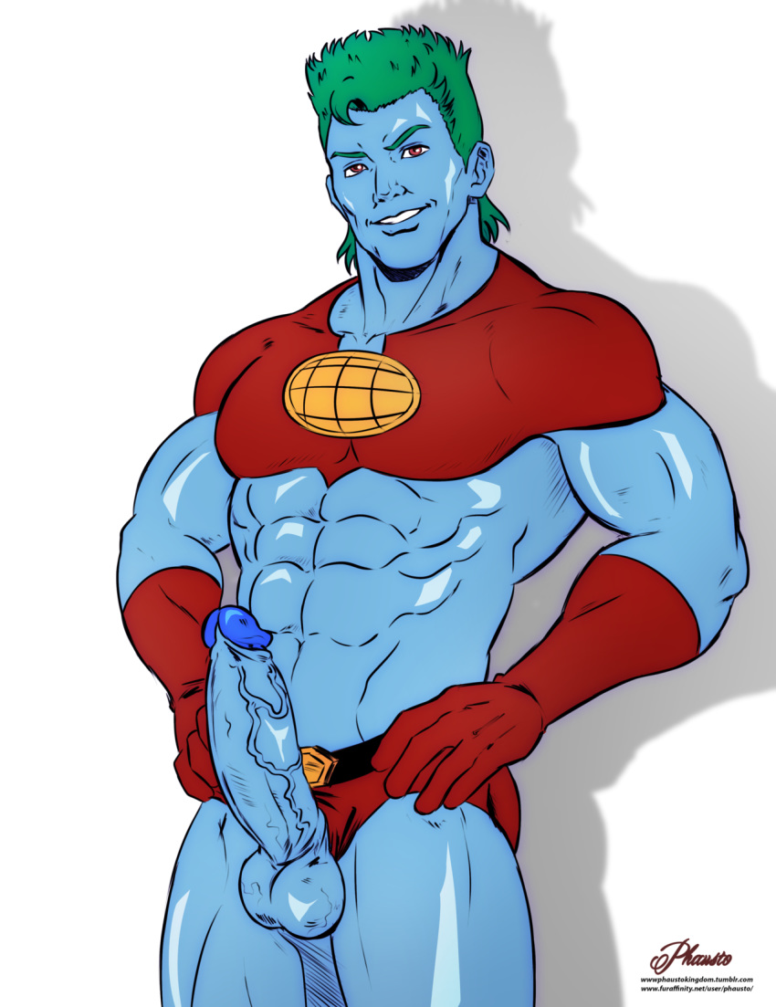 1boy alien blue_penis blue_skin captain_planet captain_planet_and_the_planeteers erection gloves green_hair hands_on_hips looking_at_viewer male male_only muscular no_nipples penis phausto pinup presenting_penis red_eyes shorts_aside solo testicles uncensored veiny_penis white_background