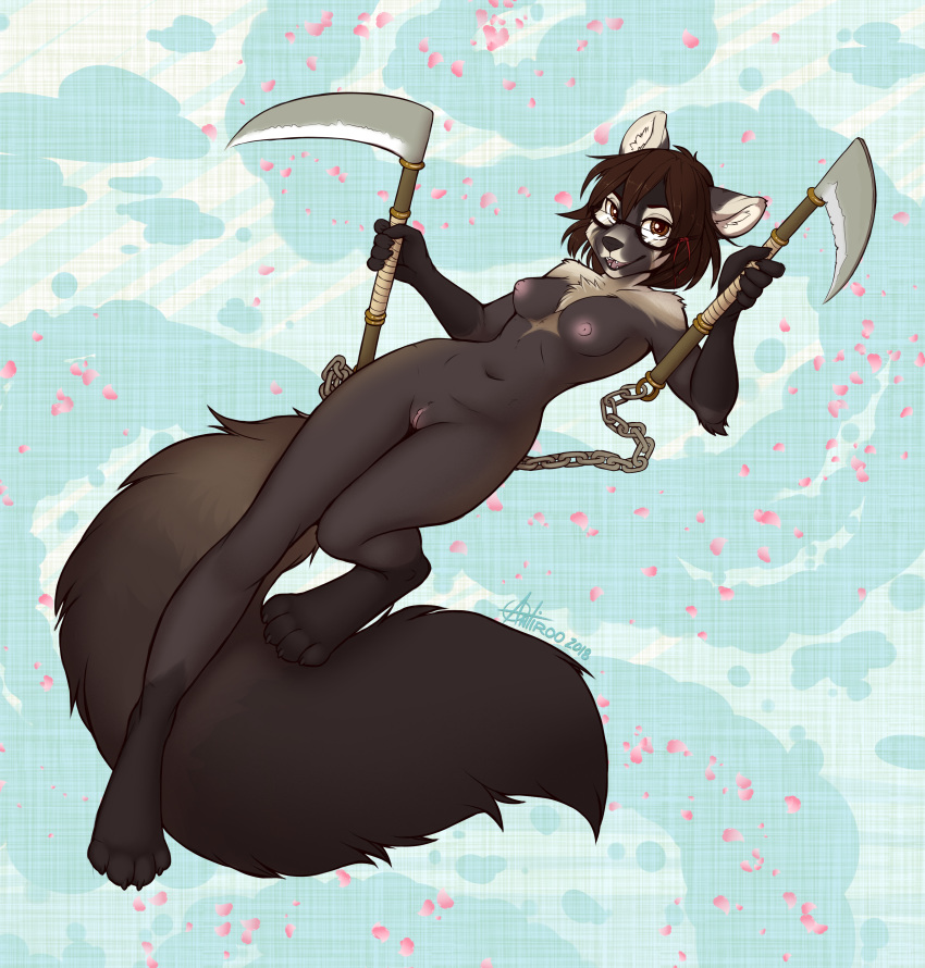 2018 4_toes anthro antiroo areola blades breasts brown_eyes brown_hair chest_tuft claws clitoris eyewear fangs female fur glasses hair kamaitachi kyra_sable looking_at_viewer nude paws pussy sable solo toes tuft weapon