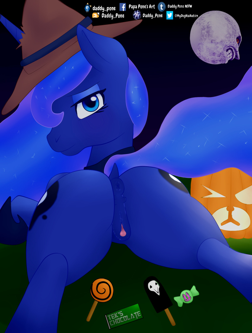 anus candy clothed clothing collar cutie_mark daddy_pone easter_eggs equine female food friendship_is_magic fruit halloween hat hi_res holidays horn jewelry looking_at_viewer mammal moon my_little_pony night partially_clothed presenting princess_luna_(mlp) pumpkin pussy pussy_juice unicorn