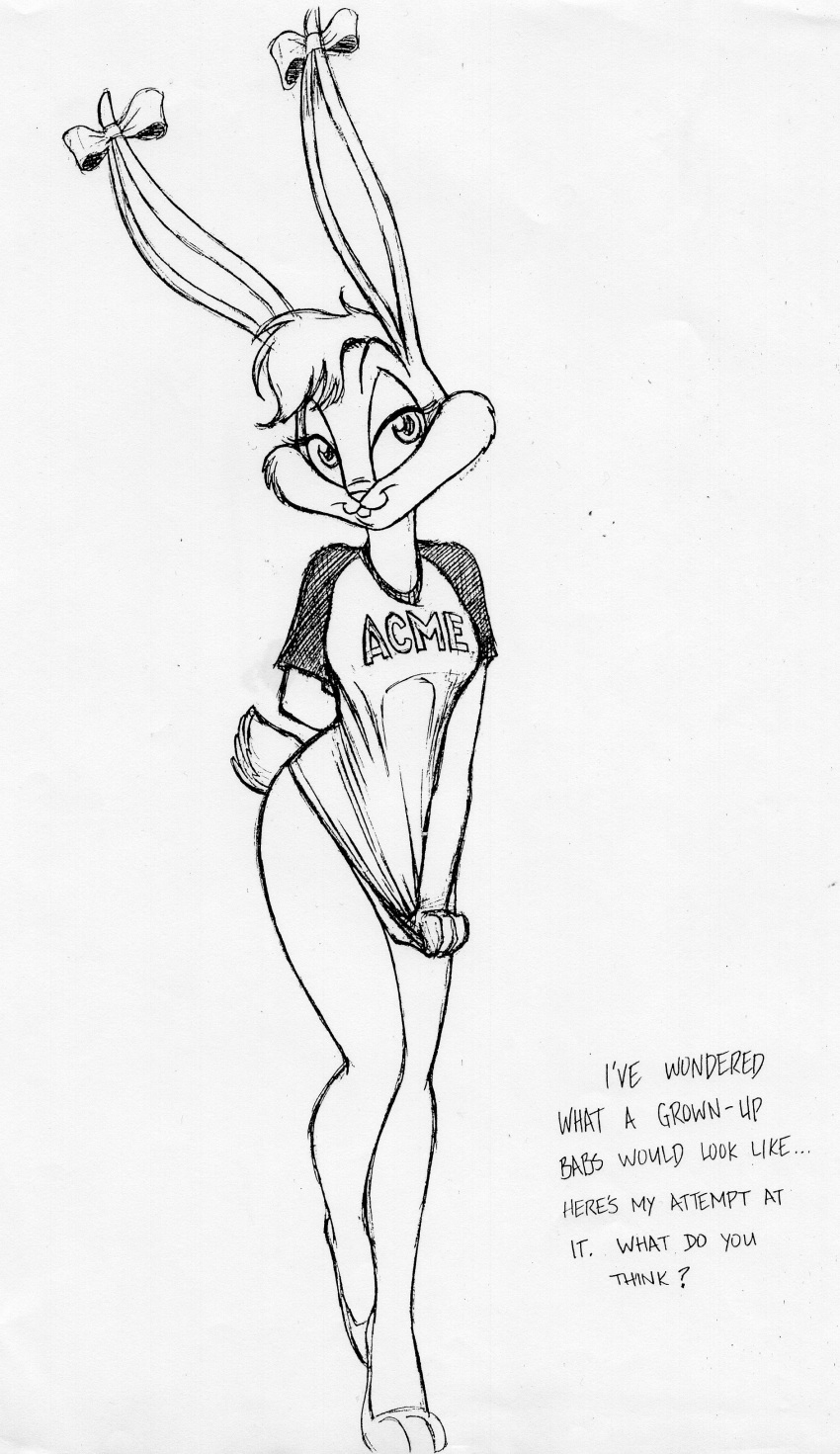 aged_up anthro babs_bunny female monochrome rabbette shirt_pull solo t-shirt tiny_toon_adventures