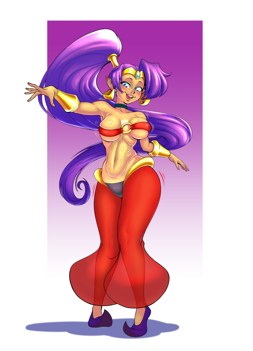 1girls abs belly big_ass big_breasts blue_eyes blush bracelet breast_expansion breasts choker cleavage dancing dark-skinned_female dark_skin earrings expansion female female_only goodbadartist hairband hourglass_expansion jewelry long_hair looking_at_viewer midriff motion_lines navel pointy_ears ponytail purple_background purple_hair shadow shantae shantae_(character) shoes smooth_skin solo standing sweat very_long_hair white_border wide_hips